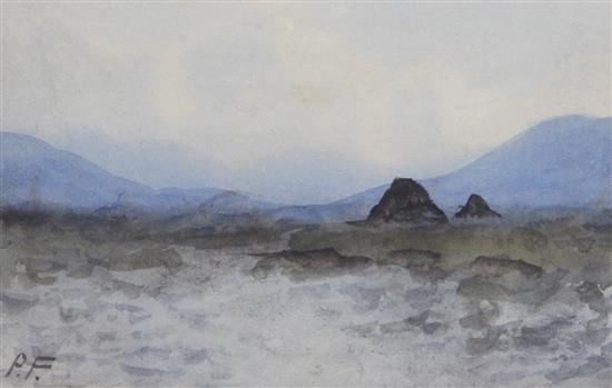 Percy French (Irish, 1854-1921) Irish landscape with peat stacks, 3.75 x 5.75in.